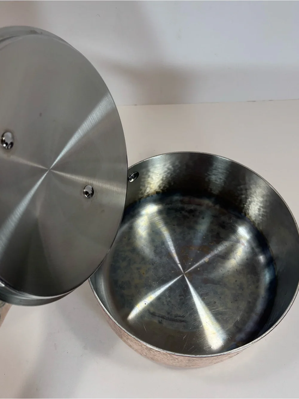 Lot Of 2 VTG French Style Hand Hammered Copper Saucepans Tin Lined 8”/5” W/Lids